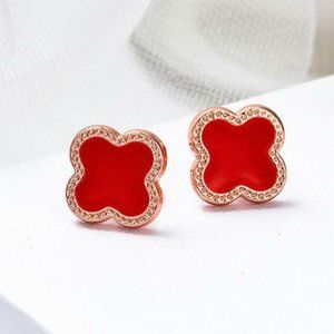 Flower Leaf Lucky Clover Red &‎ Gold Stud Earrings
